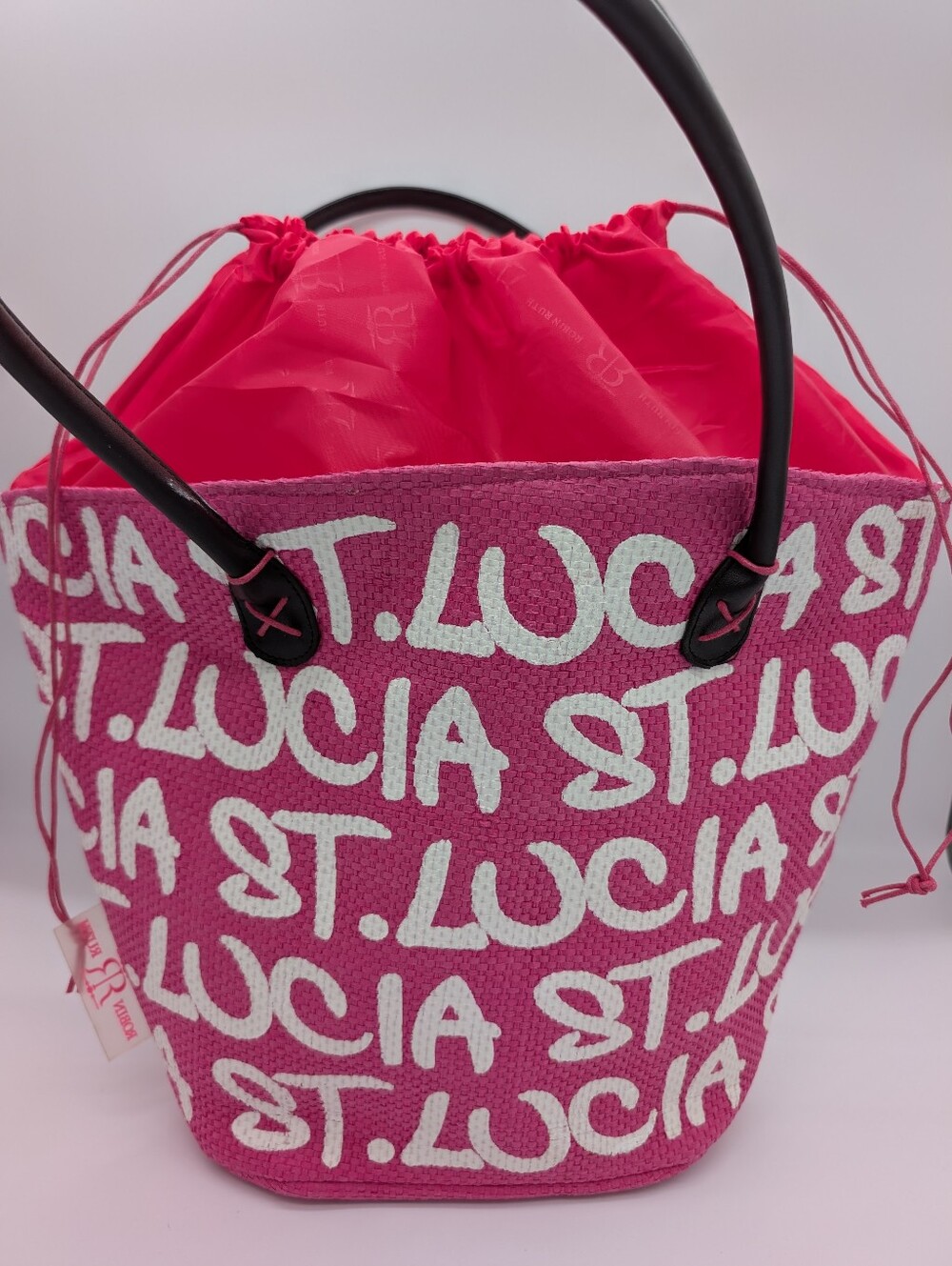 Robin Ruth "Be-Noticed Basket" St. Lucia Travel Tote Pink Wicker Straw - Picture 2 of 10
